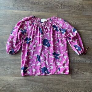 Yumi Kim Silk Smocked Peasant Top XS Pink Blue Floral Abstract Boho Blouse